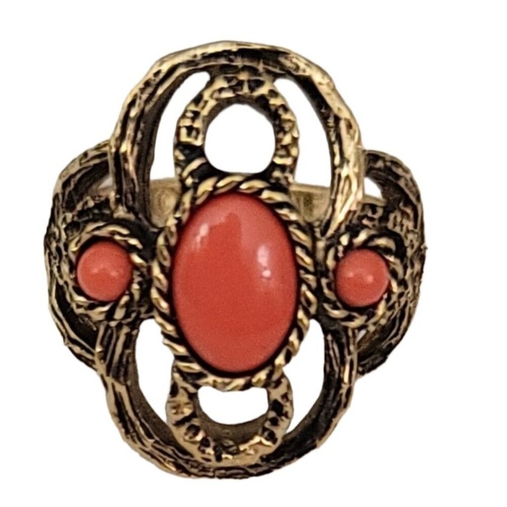 Caroline Gold Tone Orange Lucite Cabochon Vintage Costume Ring Size 7 3/4